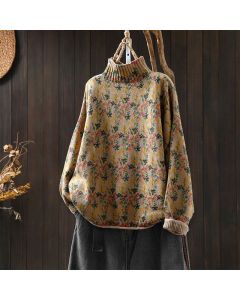 Buddha Stones Knitted Plant Pattern Long Sleeve Mock Neck Women's Cotton Sweater - BurlyWood / US4-6，UK/AU8-10，EU36-38 (F)