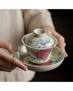 Buddha Stones Koi Fish Arowana Ceramic Gaiwan Sancai Teacup Kung Fu Tea Cup With Lid 130ml - Blue Koi Fish Gaiwan Teacup 13.5cm*9.7cm*130ml(Gift Box)
