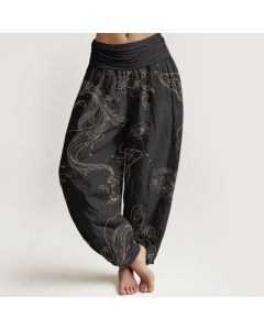 Buddha Stones Cotton Koi Fish Floral Pattern Women's Elastic Waist Harem Pants - DarkCyan / US22，UK/AU26，EU54 (6XL)