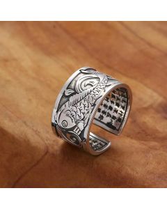 Buddha Stones Koi Fish Heart Sutra Carved Design Luck Wealth Ring - Koi Fish(Luck♥Prosperity)(Adjustable)