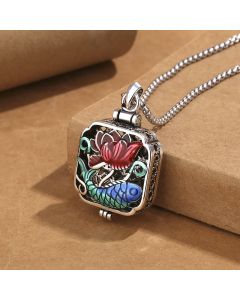 Buddha Stones Koi Fish Lotus Copper Coins Luck Ghau Prayer Box Necklace Pendant - Lotus Koi Fish&Leather Cord