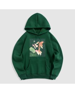 Buddha Stones Koi Fish Lotus Design Fleece Lined Hoodie - ForestGreen / S