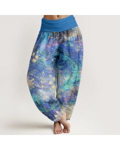 Buddha Stones Cotton Koi Fish Lotus Moon Stars Pattern Women's Elastic Waist Harem Pants - DarkTurquoise / US22，UK/AU26，EU54 (6XL)
