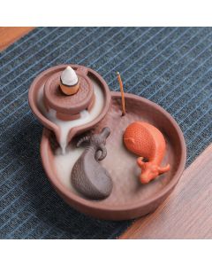 Buddha Stones Koi Fish Ox Purple Clay Ceramic Incense Stick Holder Healing Incense Burner Decoration - Koi Fish 10.8*13.5*5cm(without incense)