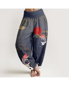 Buddha Stones Koi Fish Red Sun Waves Clouds Pattern Women's Elastic Waist Harem Pure Cotton Pants - DarkCyan / US16，UK/AU20，EU48 (3XL)