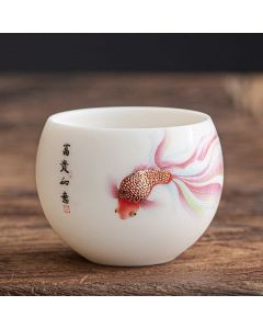 Buddha Stones Koi Fish White Porcelain Ceramic Teacup Kung Fu Tea Cup - Blue Koi Fish / 5.3cm*6cm*80ml