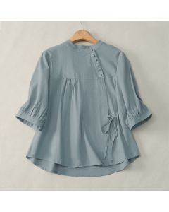 Buddha Stones Lace-up Buttons Design Women's Three Quarter Sleeve Shirt - Crimson / US14，UK/AU18，EU46 (2XL)