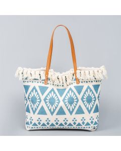 Buddha Stones Large Capacity Boho Geometry Print Tassel Canvas Tote Shoulder Bag - Beige Geometry 50*10*32cm