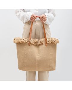 Buddha Stones Large Capacity Solid Color Tassel Canvas Tote Shoulder Bag - Green 50*10*35cm