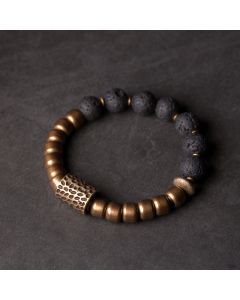Buddha Stones Lava Rock Stone Rainbow Obsidian Brass Support Healing Bracelet - Rainbow Obsidian&Brass / 17-17.5cm