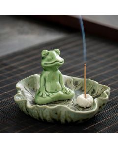 Buddha Stones Leaf Meditation Frog Pattern Healing Ceramic Incense Burner Decoration - Lotus Leaf Resting Frog 11.4*7cm