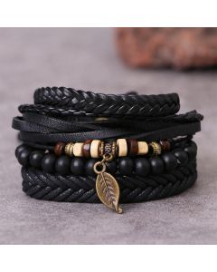 Buddha Stones Leaf Multi-layer Twisted Leather Resin Beads Courage Bracelet Set - Leather Resin Beads Bracelet Set(Wrist Circumference: 20-24CM)