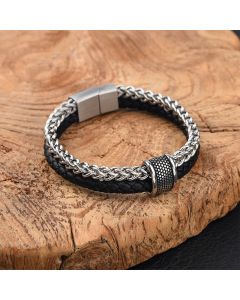 Buddha Stones Leather Double Layer Titanium Steel Balance Magnetic Buckle Bracelet - Titanium Steel