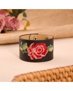 Buddha Stones Leather Embroidered Rose Wide Protection Buckle Bracelet - Black(Wrist Circumference: Approx. 5.9–7.1 in / 15–18 cm)