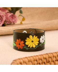 Buddha Stones Leather Hand-Woven Floral Embroidered Protection Bracelet - Orange Yellow White(Wrist Circumference: Approx. 6.7–7.5 in / 17-19cm)