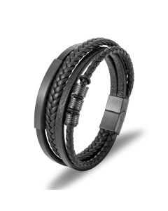 Buddha Stones Leather Multi-Layer Titanium Steel Balance Braided Magnetic Buckle Bracelet - Blue 21.5cm