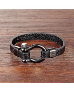 Buddha Stones Leather Titanium Steel Shackle Strength Bracelet - Brown Leather Silvery Buckle(Wrist Circumference:18–19 cm)