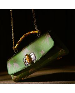 Buddha Stones Leaves Branches Bamboo Handle Metal Chain Crossbody Bag Hangbags - Green Bamboo Leaves 28.5*12*7.5cm