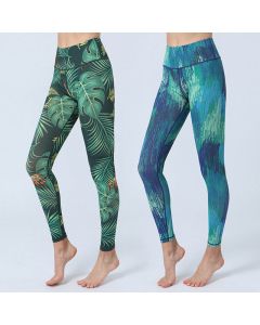 Buddha Stones Leaves Print Sports Fitness Yoga High Waist Leggings Women's Yoga Pants - Orange Blue Leaves / US8-10，UK/AU12-14，EU40-42 (XL)