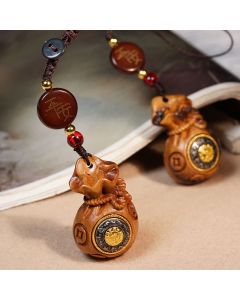 Buddha Stones Lightning Struck Jujube Wood Money Bag Chinese Coin Protection And Wealth Keychains - Keychain
