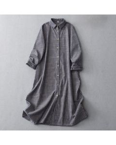 Buddha Stones LightSteelBlue White Striped Long Sleeve Lapel Midi Dress With Pockets - LightSteelBlue / US14，UK/AU18，EU46 (2XL)