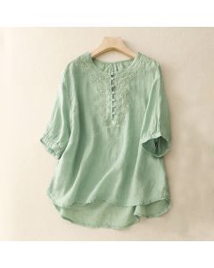 Buddha Stones Line Embroidery Button Crew Neck Half Sleeve Women's Cotton Shirt - Goldenrod / US14,UK/AU18,EU46 (2XL)