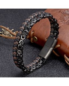 Buddha Stones Link Chain Double Wrap Braided Leather Balance Bracelet - Golden Titanium Steel(Wrist Circumference: 18-19cm)
