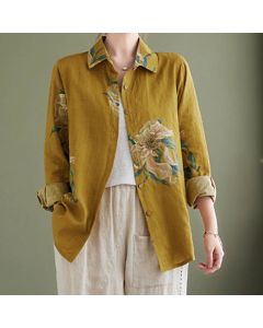 Buddha Stones Literary Artistic Flower Print Cotton Clothing - Gray / US8-10，UK/AU12-14，EU40-42 (2XL)