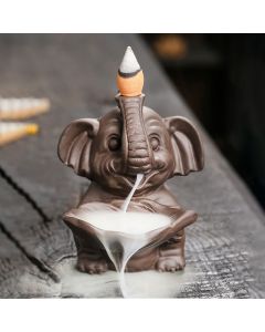 Buddha Stones Little Elephant Holding Leaf Purple Clay Backflow Smoke Fountain Healing Incense Burner Decoration - 7.4*7.9*10.5cm
