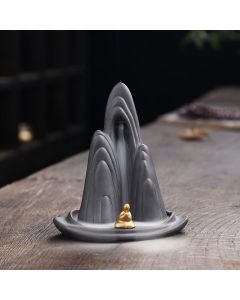 Buddha Stones Little Monk Mountains Flowing Water Purple Clay Ceramic Healing Backflow Incense Burner Decoration - 10*6.6*10.8cm(without incense)
