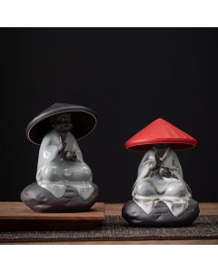 Buddha Stones Little Zen Monk Hat Strainer Ceramic Tea Accessories Figurine Home Decoration - Crack Pattern Monk Red Hat Strainer 9*12.2cm