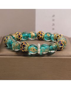 Buddha Stones Liuli Glass Bead Gold Leaf Cloisonné Purity New Chinese Round Bracelet - Blue / Glass (Clarity♥Focus)