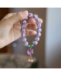 Buddha Stones Liuli Glass Bead Lotus Design Fluorite Ivory Fruit Dancing Lion Charm Enlightenment Bracelet - White Dancing Lion&Lotus(Wrist Circumference 14-16cm)