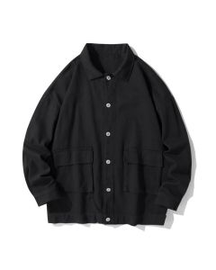 Buddha Stones Long Sleeve Button Stand Collar Design Men's Cotton Jacket Shirt With Pockets - Black / US/UK/AU38，EU48 (M)