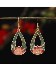 Buddha Stones Lotus Butterfly Flower Alloy Copper Enlightenment Drop Earrings - Square Green Flower 3.1*2.2cm