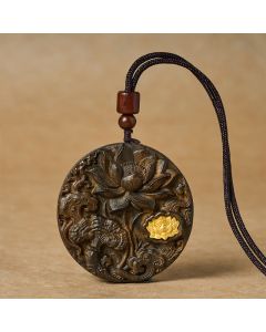 Buddha Stones Lotus Carved Sappanwood Enlightenment Necklace - Double Lotus