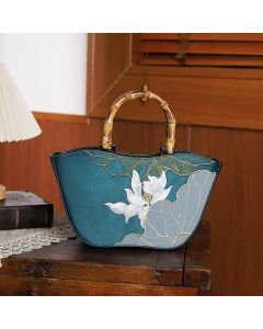 Buddha Stones Lotus Embroidery Bamboo Handle Handbag - Lotus Black 17*11*15cm
