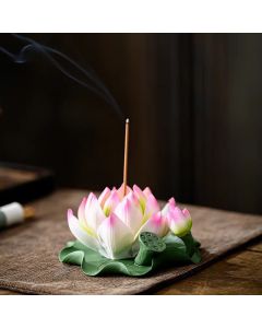 Buddha Stones Lotus Flower Leaf Pod Spiritual Healing Ceramic Stick Incense Burner Decoration - Lotus Pink Edge 10.5*4.7cm