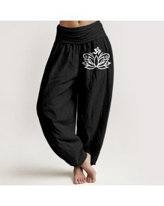 Buddha Stones Lotus Flower Om Symbol Pattern Women's Elastic Waist Harem Pure Cotton Pants - OliveDrab / US22，UK/AU26，EU54 (6XL)