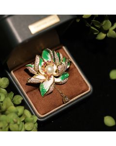 Buddha Stones Lotus Flower Pearl New Beginning Copper Brooch - Rose Red About 5.2*4.8cm