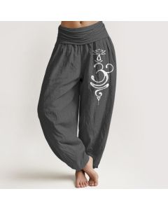 Buddha Stones Lotus Flower Unalome Symbol Pattern Pure Cotton Women's Elastic Waist Harem Pants - DimGray / US20，UK/AU24，EU52 (5XL)