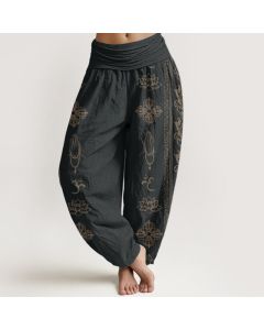 Buddha Stones Cotton Lotus Flowers Double Dorje Vajra Namaste Om Design Women's Elastic Waist Harem Pants - Black / US22，UK/AU26，EU54 (6XL)