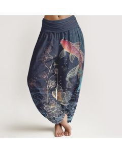 Buddha Stones Lotus Koi Fish Pattern Women's Elastic Waist Pure Cotton Harem Pants - DarkGreen / US16，UK/AU20，EU48 (3XL)