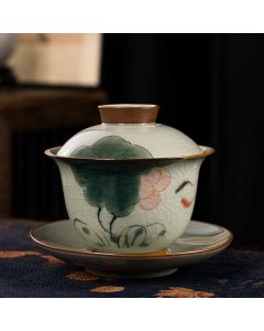 Buddha Stones Lotus Koi Fish Pod Leaf Ceramic Gaiwan Sancai Teacup Kung Fu Tea Cup And Saucer With Lid 140ml - Leaf Boat 11.5cm*9.5cm*140ml