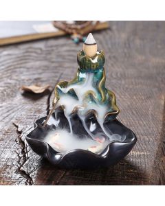 Buddha Stones Lotus Leaf Koi Fish Ceramic Backflow Smoke Fountain Peace Incense Burner Decoration - Blue 11.5*11*10cm