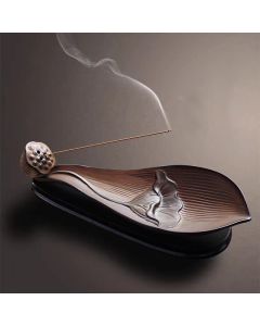 Buddha Stones Lotus Pod Zen Healing Brown Ceramic Stick Incense Burner Decoration - 24*9.4*4cm