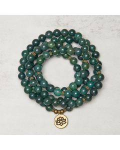 Buddha Stones Lotus Symbol Charm Round Bead Moss Agate Healing Mala - Moss Agate / 8mm