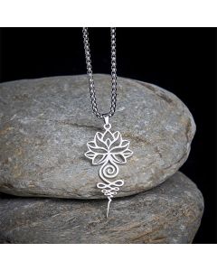 Buddha Stones Lotus Unalome Chakra Symbol Design Stainless Steel Enlightenment Necklace Pendant - Black