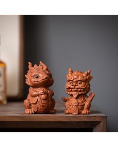 Buddha Stones Luck Dragon Wealth Tea Pet Purple Clay Figurine Decoration - Dragon King+Dragon Girl(A Pair Of Black&Gift Box)