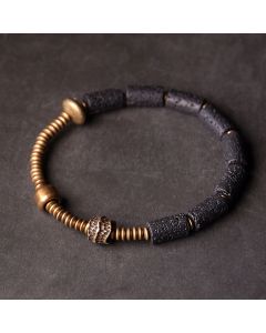 Buddha Stones Luck Wealth Black Lava Rock Beads Copper Bracelet - 17-17.6cm
